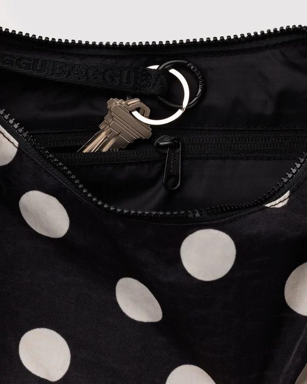 Medium Nylon Crescent Bag - Black And Cream Polka Dot